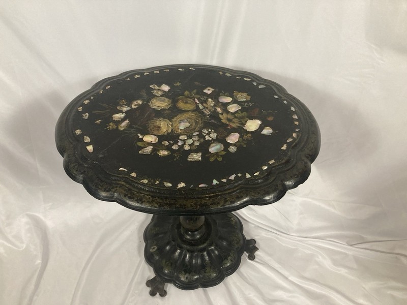 Antique Victorian Papier-Mâché Pedestal Table | Mother of Pearl Inlay |25” H