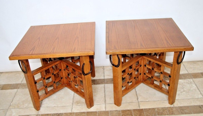 Rustic Western Retro Pair Oak Veneer End Tables Night Stands Horse shoe theme gallery