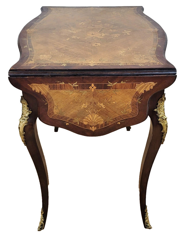 Antique AMERICAN Made FRENCH Louis XV Marquetry DROP LEAF Center TABLE Desk gallery