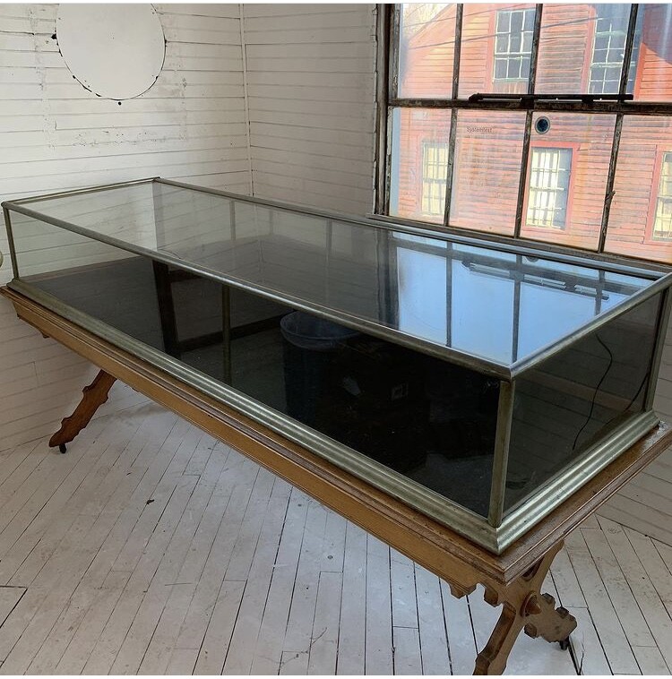 WOW vintage Quartersawn oak gothic table w Nickel glass case c1880 103” x 34”