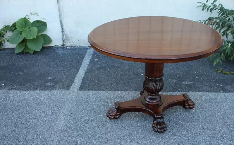 Antique Empire Style Walnut Round Center Table with Claw Feet, Elegant Pedestal