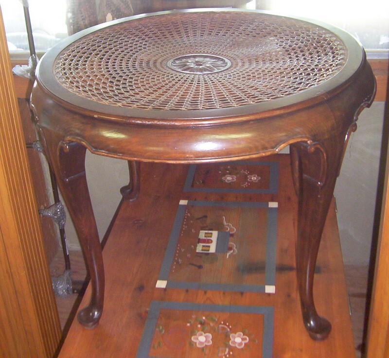Vintage Walnut Danish Wicker Medallion Table, Club Feet, 34 X 21 Height gallery