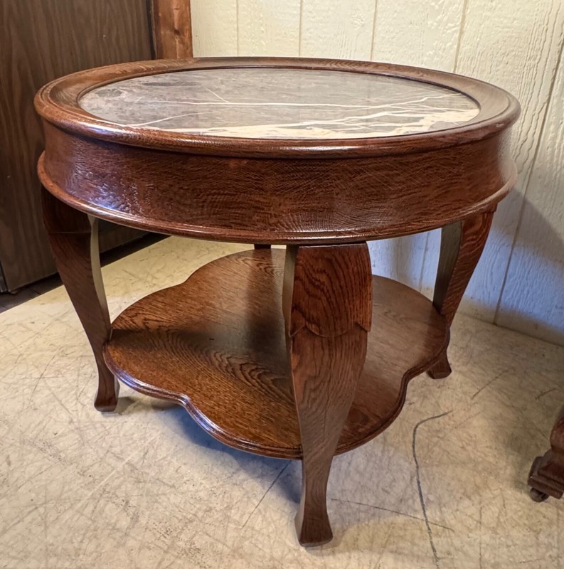 Antique Oak Low Round Lamp Table with Marble Insert gallery