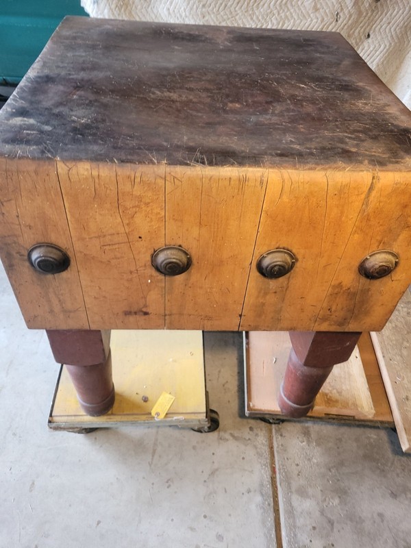 Old Butcher Block Farm Kitchen Table large heavy 30'' square Michigan Maple Co? gallery
