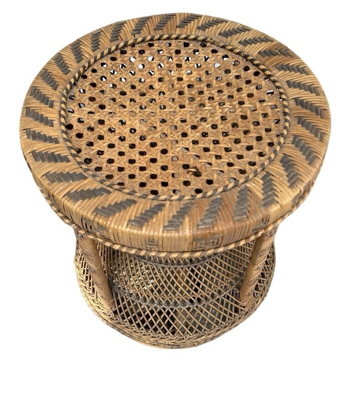 Vintage Emmanuelle Rattan Side Table Wicker Stool Peacock Ottoman Rare 1970s gallery