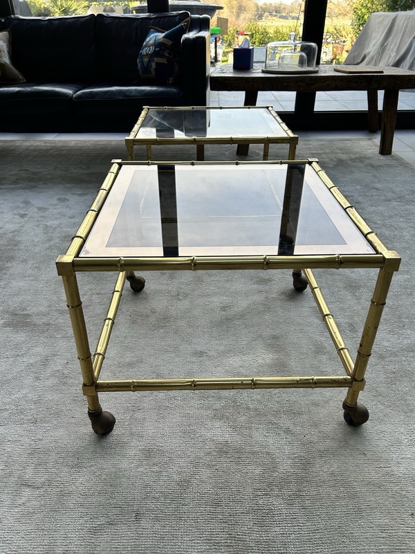 HOLLYWOOD REGENCY GOLDEN BAMBOO PAIR Of TABLE SET WITH 2 ON CASTORS 70’s gallery