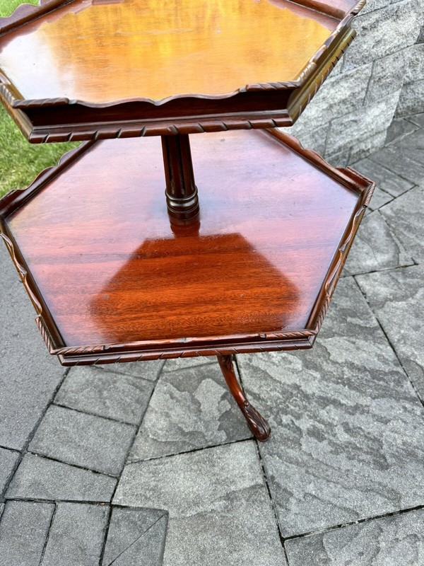 VTG Chippendale Style 2 Tier Pie Crust Carved mahogany Table Claw Foot 31x26” gallery