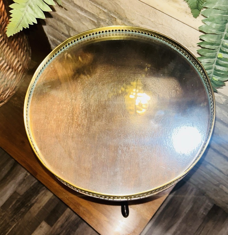 Schott Furniture Antique Round Accent Table Glass Top Brass Trim Estate Find gallery