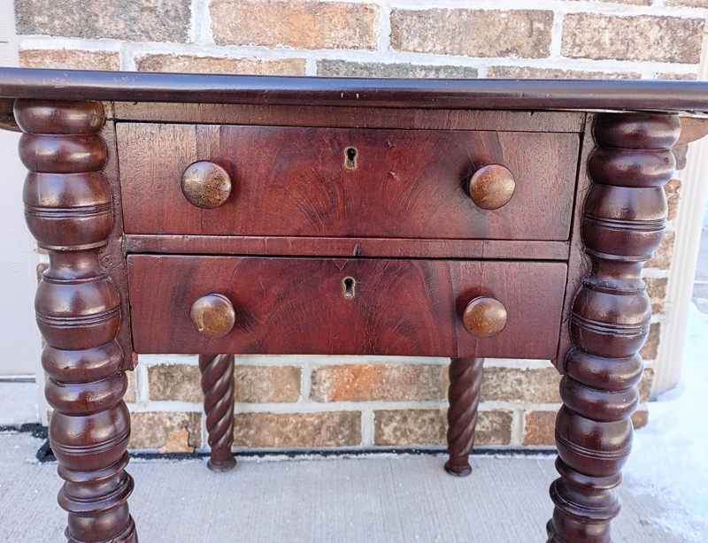 Early Antique Mahogany 2 Drawer Drop Leaf Side Card Table w/ Rope Twist Legs gallery
