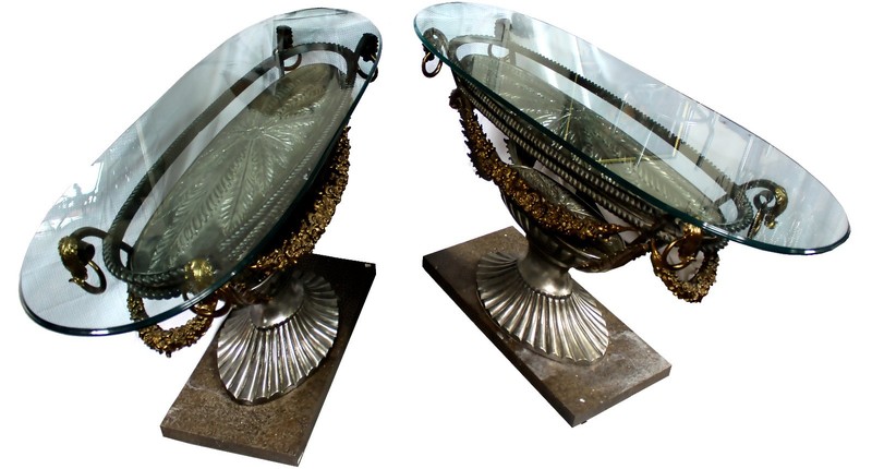 Empire Style Marble, Glass, Embossed Steel, & Brass Oval Console Table gallery
