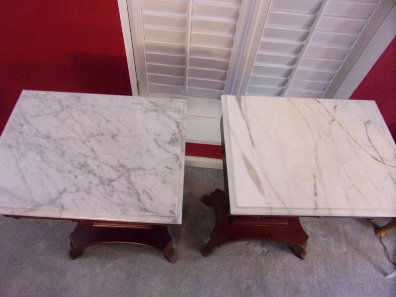 Victorian Set 2 Mahogany Lyre Harp Tables Marble Top - other pieces available gallery
