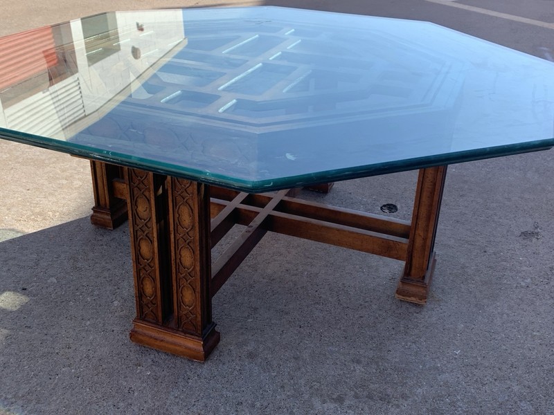 VTG Drexel Heritage Chinese Chippendale Glass Top Octagonal Table W/Detailed Bas gallery