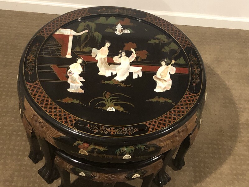 Vintage Chinoiserie Coffee Table W/Tuck Chairs, Mother Of Pearl, Birds & Flo gallery