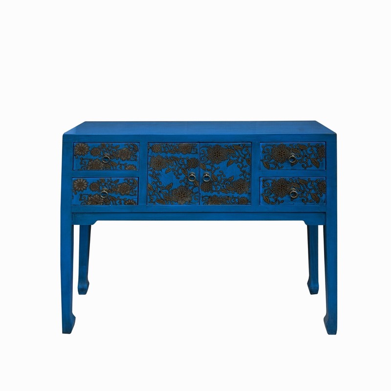 Blue Lacquer Golden Flower Graphic Drawers Slim Foyer Side Table cs7732 gallery