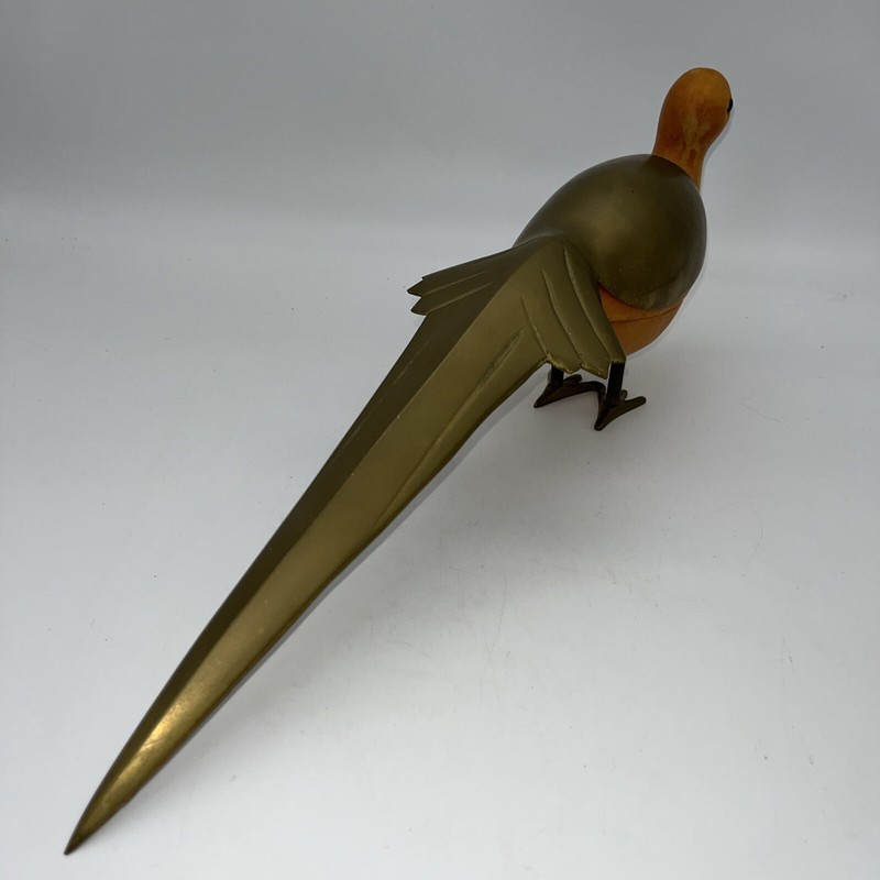 Vintage Carved Bird Peacock Wood And long Brass Feather Tail Nice Condition!! gallery
