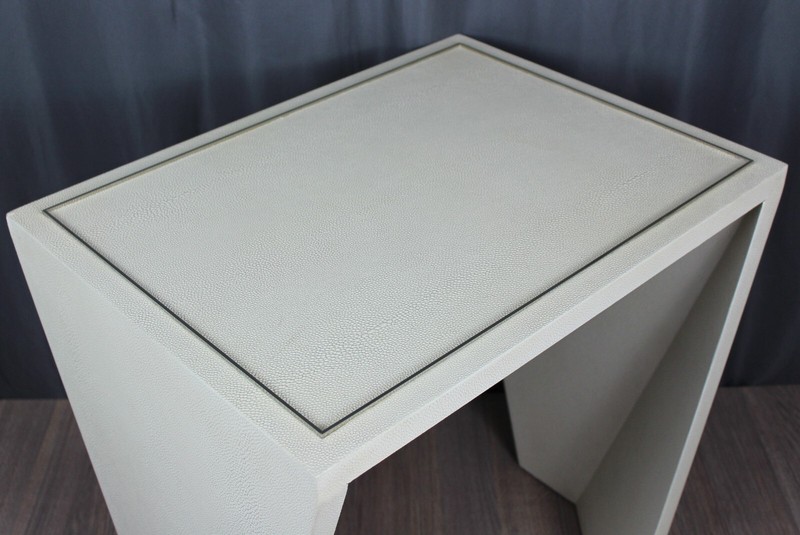 Eduard end table by Theodore Alexander, leather wrapped, stainless trim - clean gallery