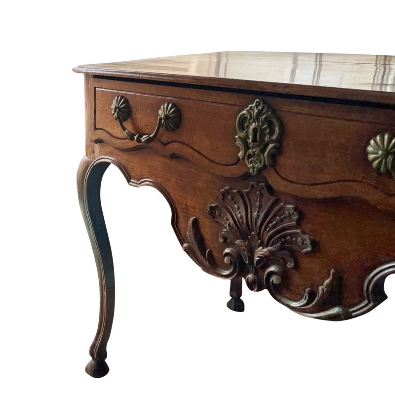 ANTIQUE FRENCH COUNTRY WALNUT ORIGINAL BRASS MOUNTED SIDE TABLE, CIRCA 1900 gallery