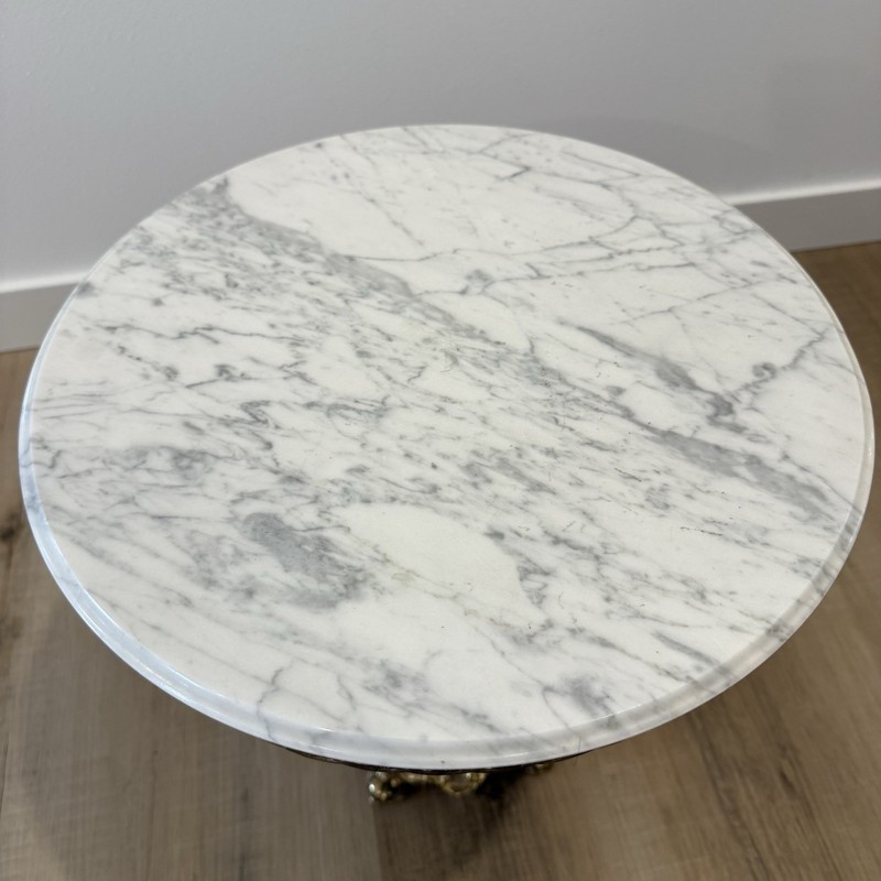 Vintage Hollywood Regency Ornate Brass & Carrara Marble Round Drinks Table gallery