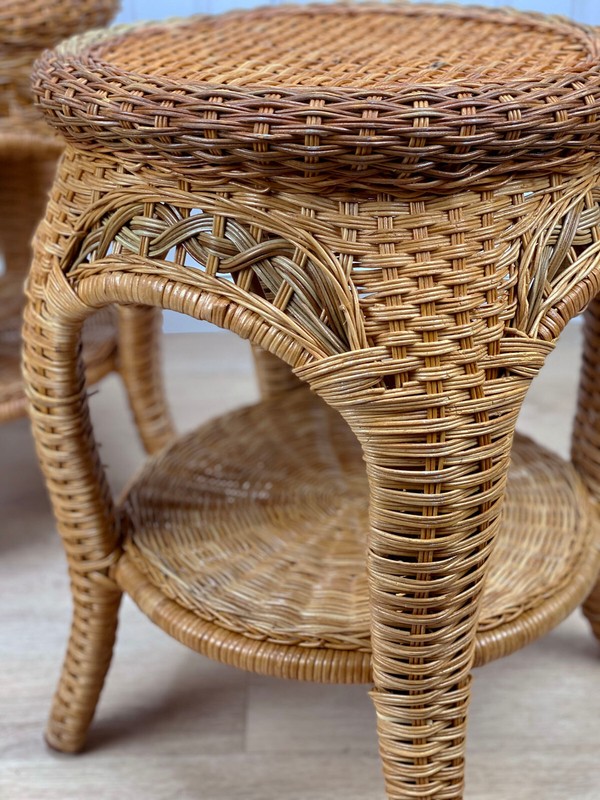 Vintage Coastal Boho Natural Wicker Round Plant Stand End Tables - A Pair gallery