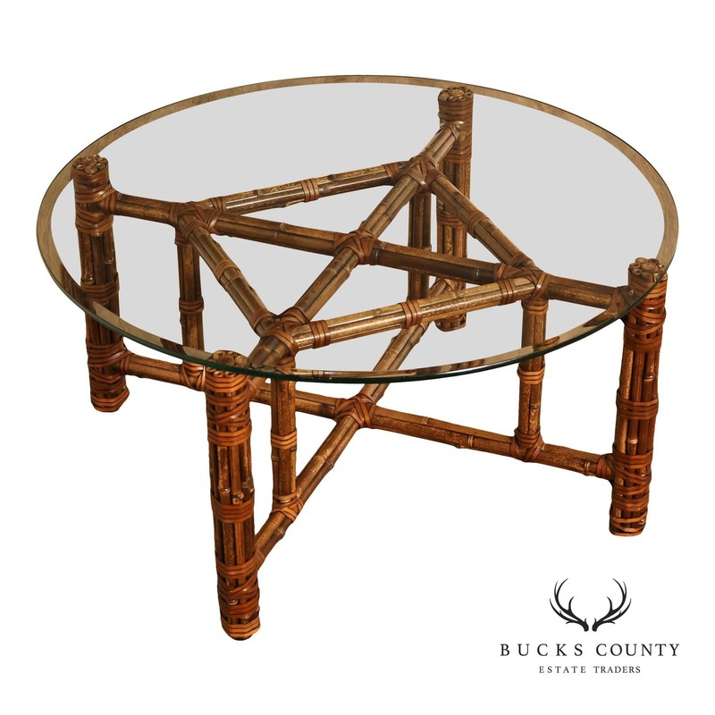 McGuire Bamboo And Rattan Round Glass Top Coffee Table