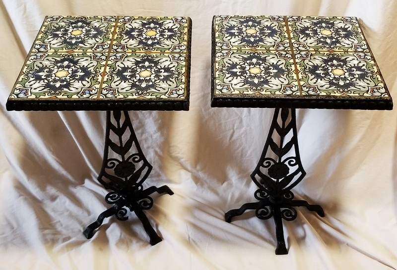 PAIR Antique Arts & Crafts Catalina Tile Top Wrought Iron Tables 19" x 12.5" gallery