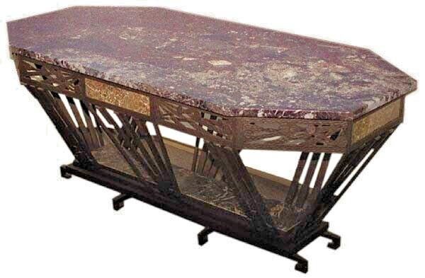 Edgar Brandt attr. 6.5′ large Art Deco center table w marble top c 1925