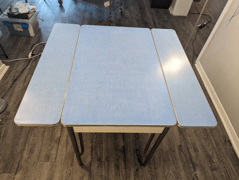 Vintage Blue Formica Table Pull Out Leaves And Chrome Edges And Utensil Drawer gallery