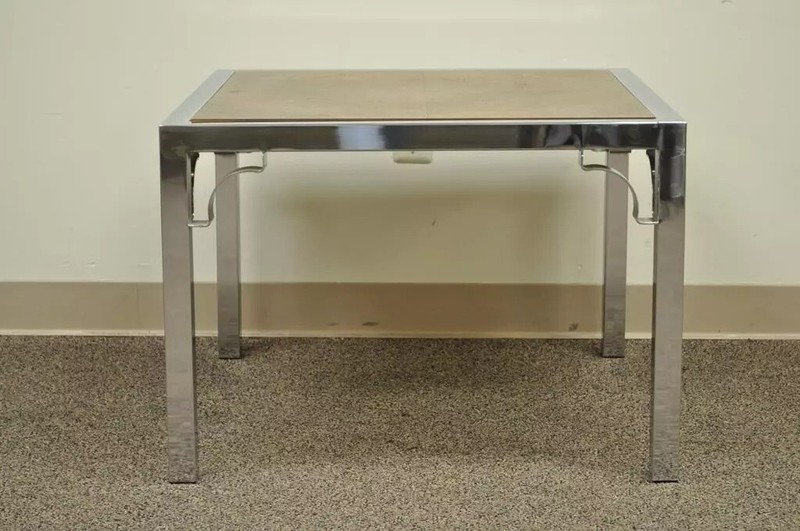Vintage Mid Century Modern Chrome Fretwork & Walnut Square Side Table gallery