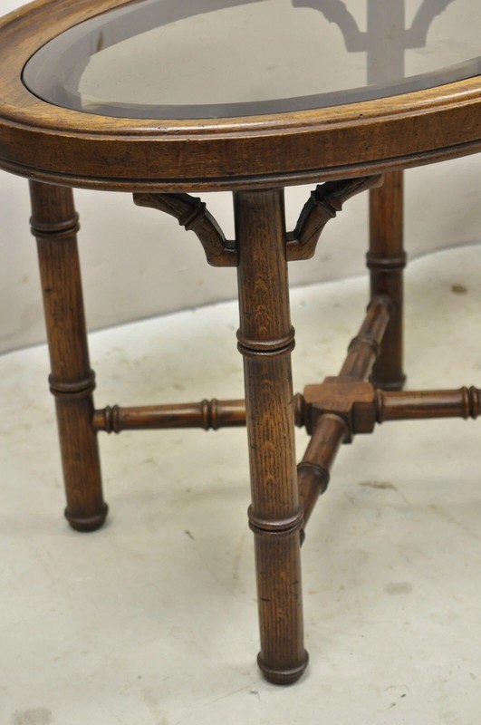 Vintage Chinese Chippendale Faux Bamboo Oval Small Glass Top Side End Table Pair gallery