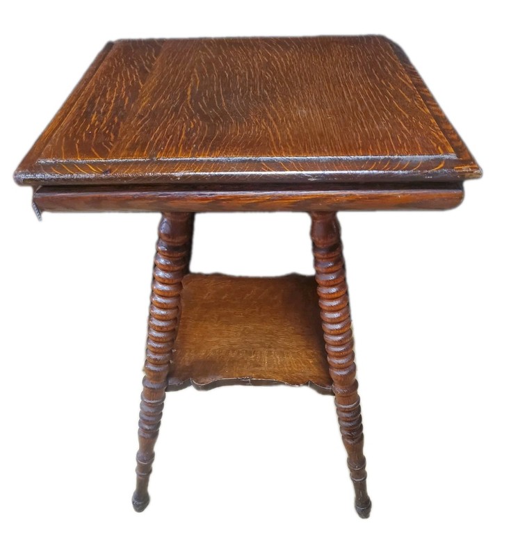 Vintage Tiger Oak Bobbin Leg 2 Tier Parlor Table