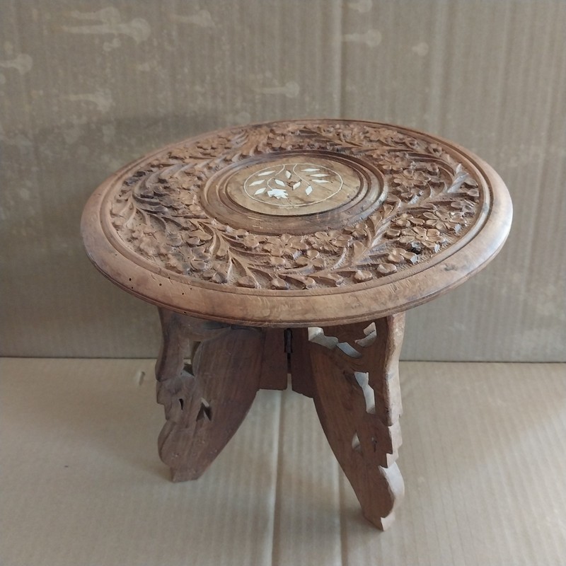 Vtg Hand Carved Teak Wood Mini Table Display Plant Stand w/ Folding Base 8.5″H