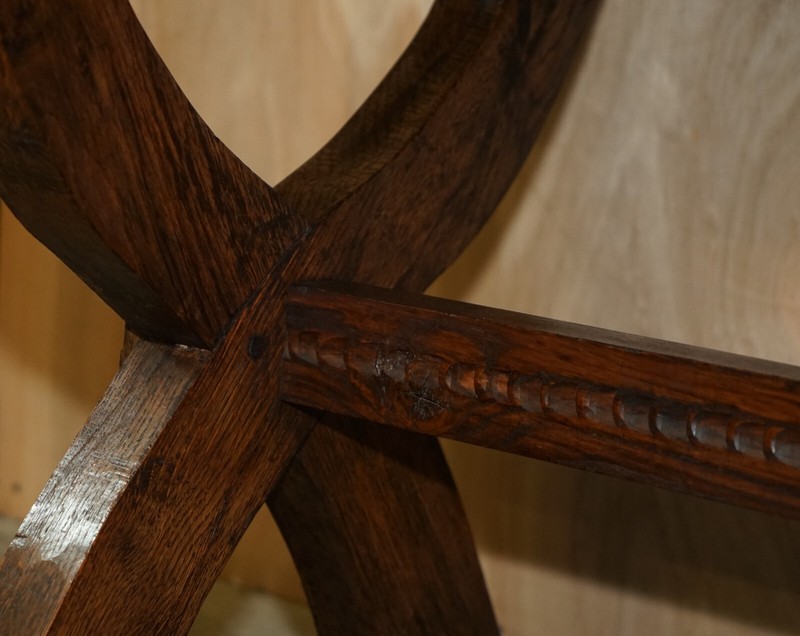 VINTAGE HAND CARVED CIRCA 1950'S TRESTLE DINING TABLE ENGLISH OAK JACOBEAN STYLE gallery