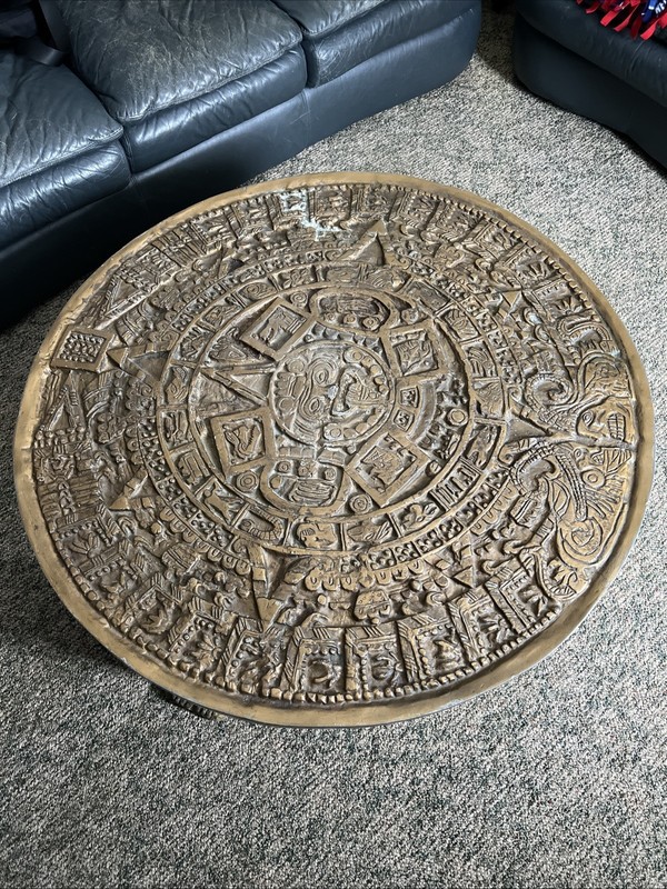 Gilt Bas- Relief Aztec Calendar Coffee Table Cast Aluminium, Mexican, 1960s.
