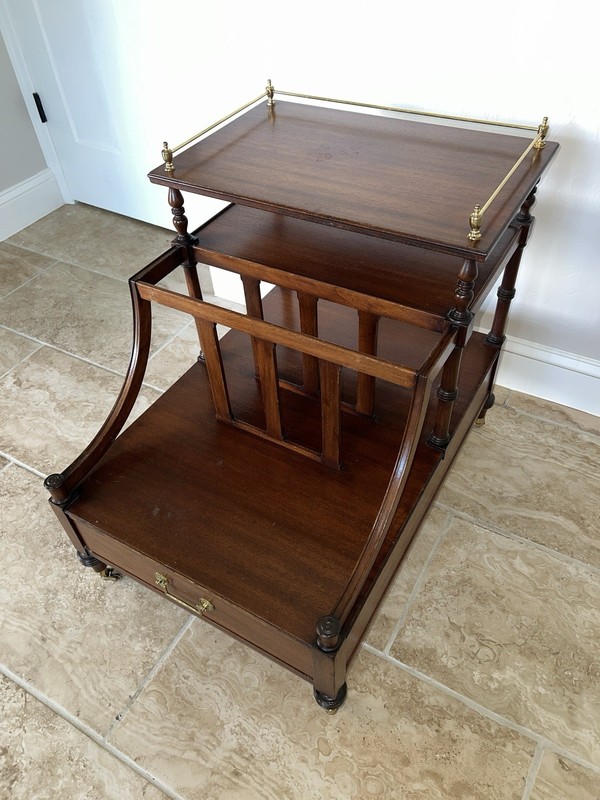 Mid-Century John Scalia Mahogany Canterbury Magazine Rack & Caster Wheels gallery