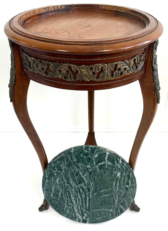 Early 20th-C Louis XV Walnut Ormolu Mounted Marble Top Side Table gallery