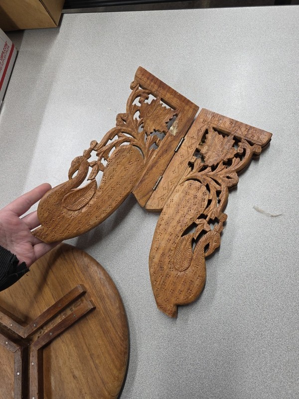 Hand Carved Inlaid Wood 2 Piece Ornate Table/Plant Stand- 11-1/2" dia & 12-1/2"T gallery