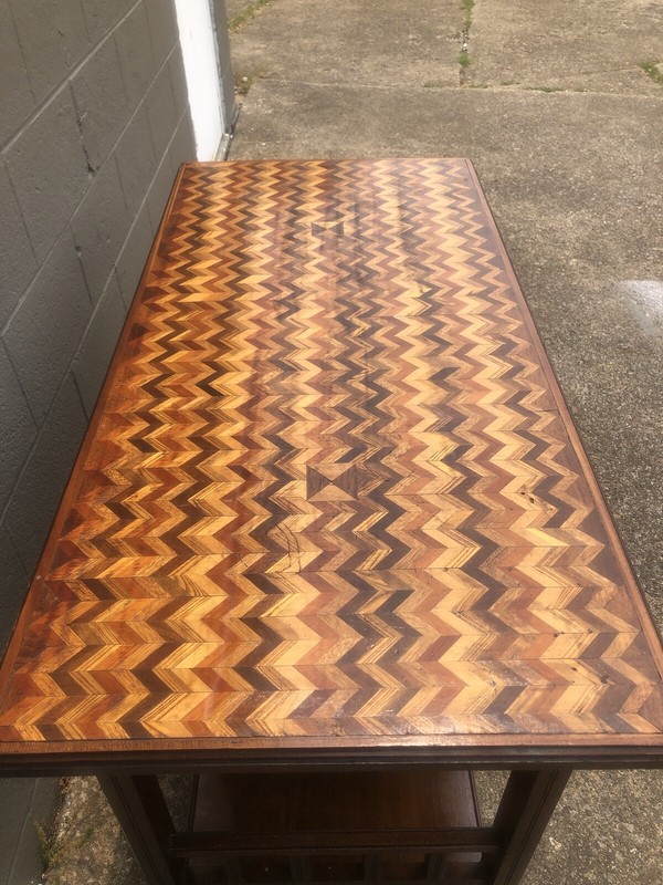 Antique Sofa Table Kitchen Island Marquetry Walnut Wood Inlaid Folk Art Top gallery