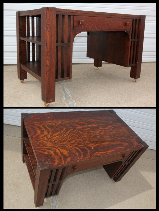 Antique Arts & Crafts Mission Tiger Oak Library Table SlatSide Bookshelves Desk