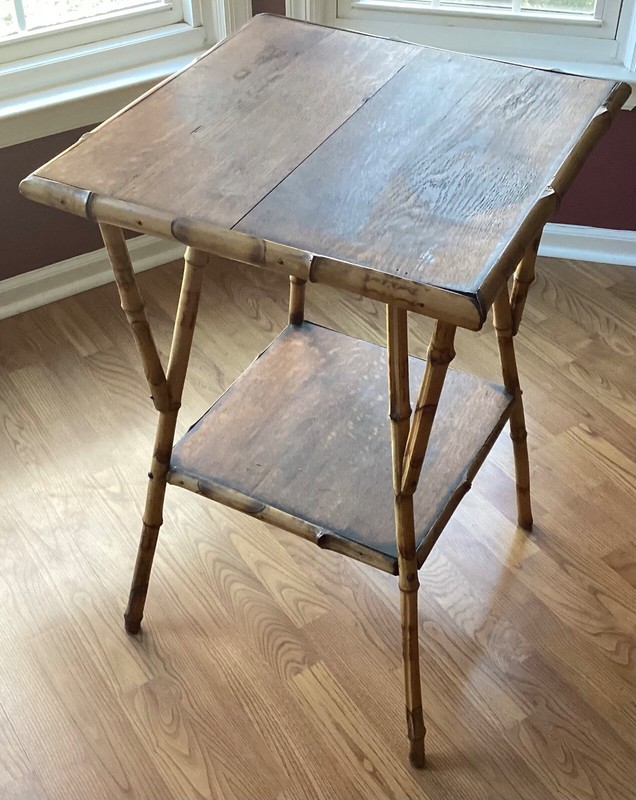 Antique Bamboo & Oak Aesthetic Movement Victorian Side Parlor Lamp Table 29x19sq