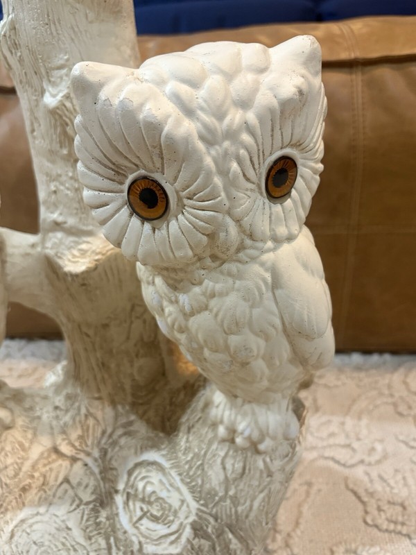 Vintage Mid Century 1970's Chalkware 2 Owls on Tree Branch Side End Table Base gallery
