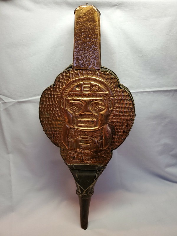 Vintage Copper AZTEC STATUTE FIREPLACE BELLOW Leather & Wood End RARE gallery