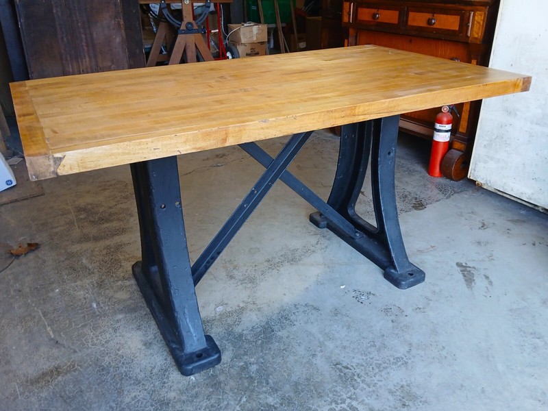 Antique Kitchen Island Work Desk Table Maple Top w Iron Industrial Machine Base