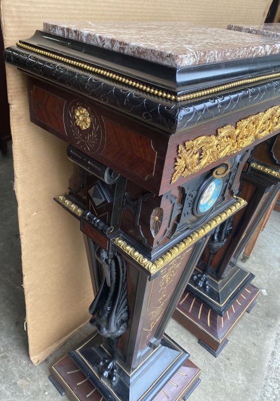 PAIR OF LARGE RENAISSANCE REVIVAL ROSEWOOD INCISED MARBLE TOP PEDESTALS, 51” T gallery