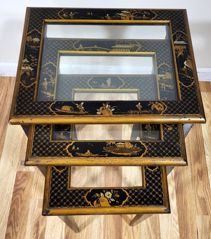 Set of 3 Vintage 20th C ENGLISH REGENCY Style CHINOISERIE Stack NESTING TABLES gallery