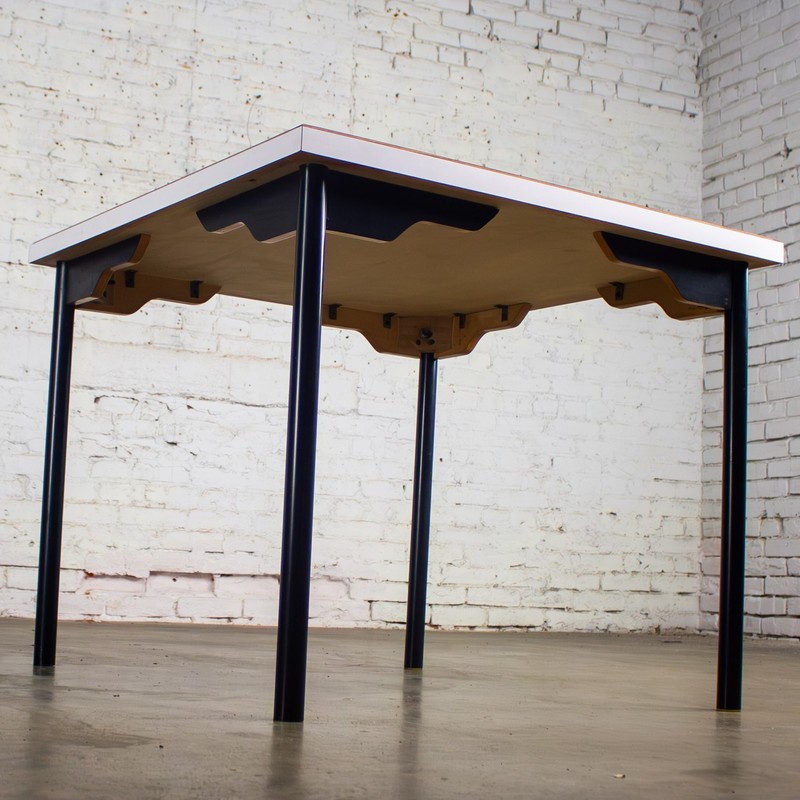 MCM to Modern Square Dining Table w/Black Steel Tube Frame & White Laminate Top gallery