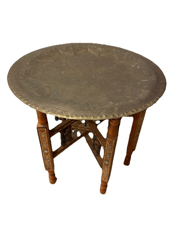 Vintage Persian Hand Hammered Moroccan Brass Coffee Tea Table Inlay Folding Legs