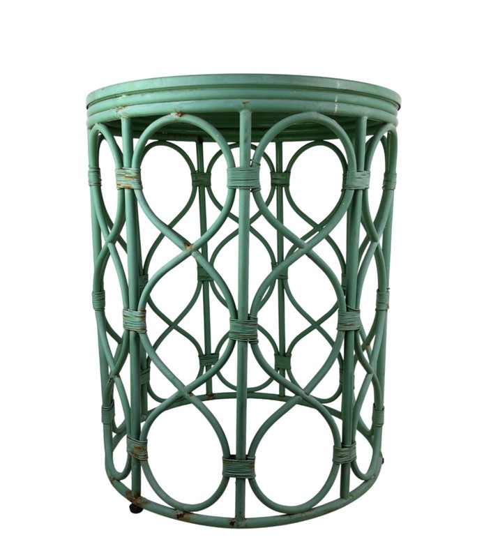 Vintage Green Painted Openwork Wire & Metal “Wicker” Drum Plant Stand Table