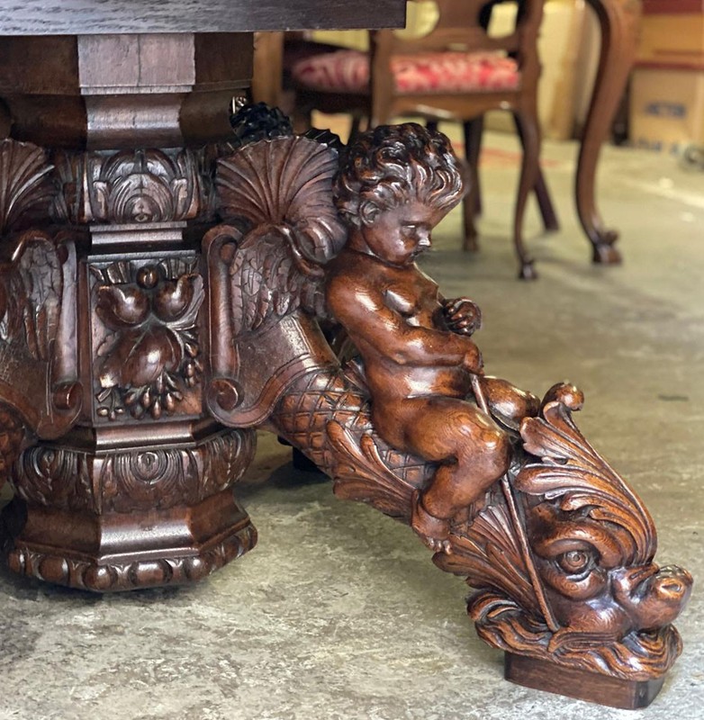 ARRIVES MARCH 2025: Large Antique French Dolphin/Cherub Dining Table with Leaf gallery