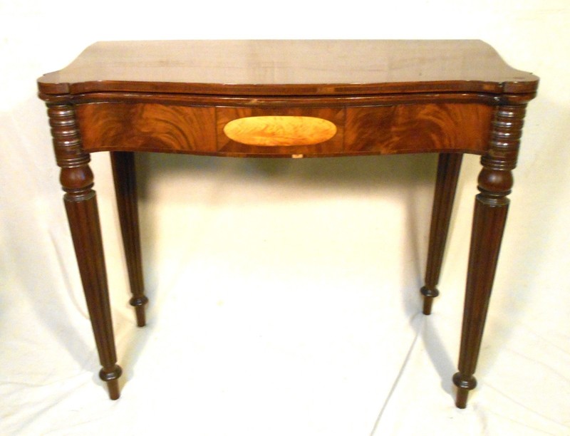 ANTIQUE 18th C. SHERATON COOKIE CORNER REEDED LEG CARD TABLE~ FLAME BIRCH PANEL gallery
