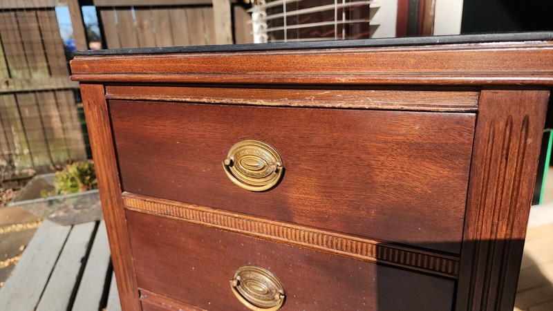 Antique Hardwood 2 drawer side table with Curved Legs & Black Glass Top gallery